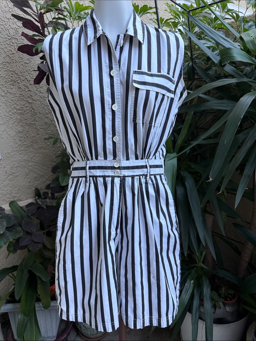 Vintage 80’s Sleeveless Black & White Striped Shirt Cotton Romper with Pockets